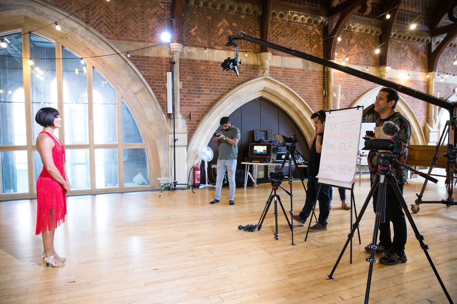 On set for the MSC Cruises virtual dance class series: Flavia Cacace with the camera crew, jib and monitor rig