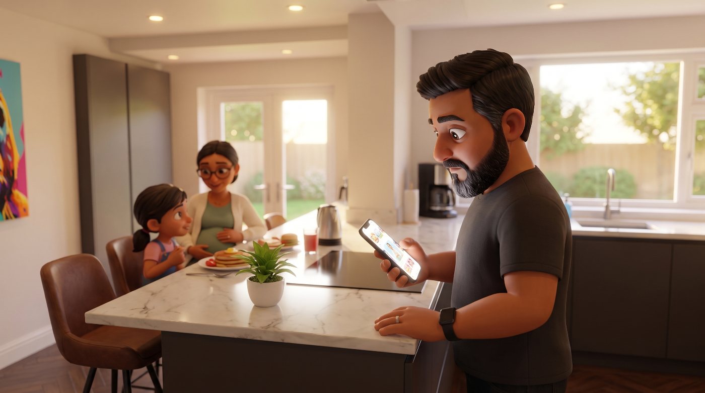 Storyboard frame: all three characters in the kitchen, daylight