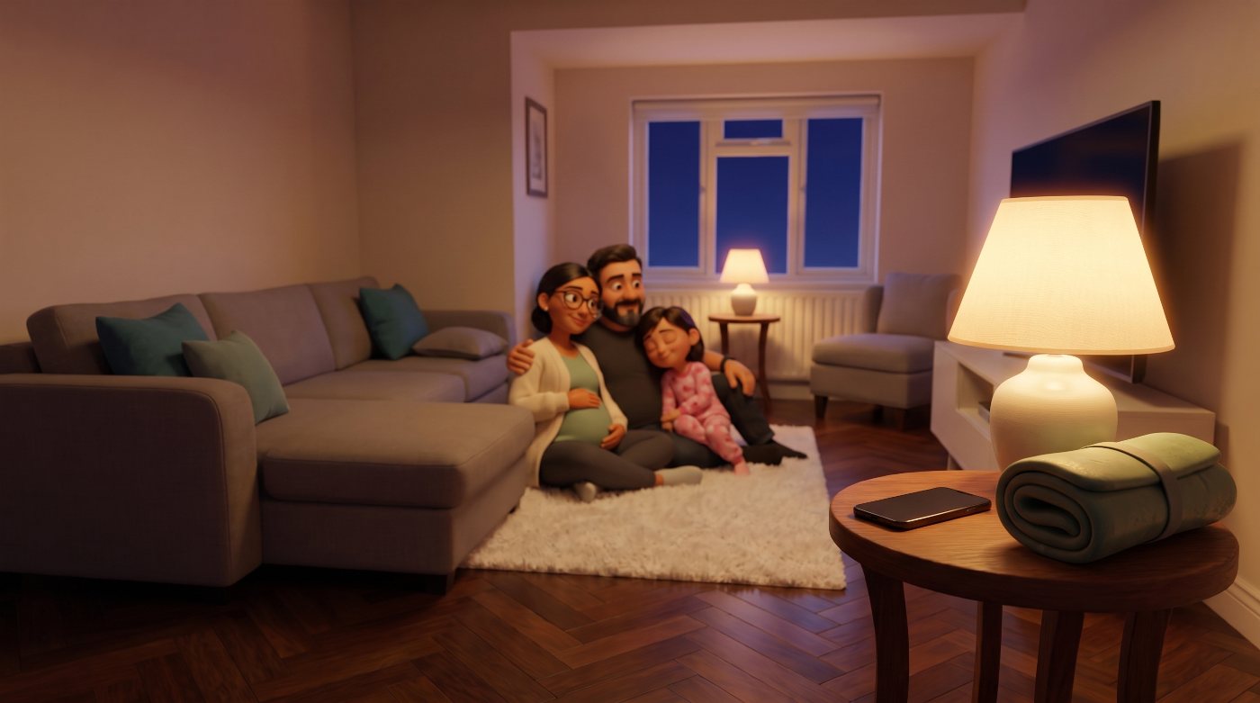 Storyboard frame: the same three characters on the sofa, lamplight
