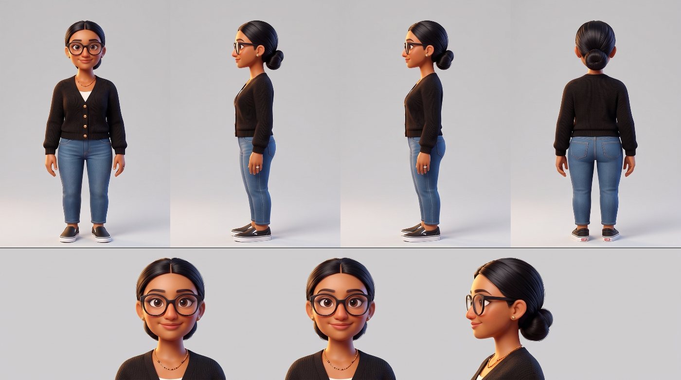 Character reference turnaround used to lock the mother's design across generations